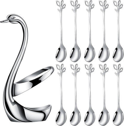 AnSaw Silver Small Coffee Spoon Holder Set,Swan Base With 10 Pcs Demitasse Espresso Spoons Set,4.7" Mini Leaf Dessert Spoon,Stainless Steel Tea Spoons