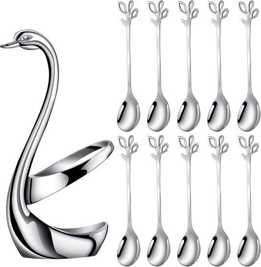 AnSaw Silver Small Coffee Spoon Holder Set,Swan Base With 10 Pcs Demitasse Espresso Spoons Set,4.7" Mini Leaf Dessert Spoon,Stainless Steel Tea Spoons