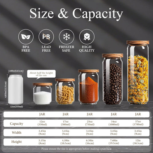 Glass Jars with Airtight Wood Lids - 34 oz Large Kitchen and Pantry Storage Containers, Canisters for Spaghetti, Noodles, Pasta, Ground Coffee, Sugar, Cereal, Set of 2