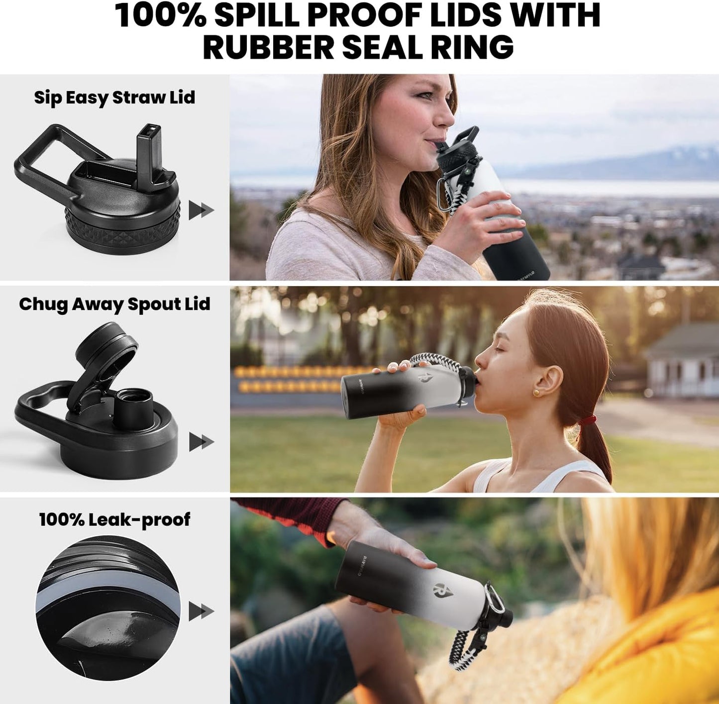 Insulated Water Bottle 40 oz, Triple Wall Vacuum Stainless Steel (Cold for 48 Hrs), Leak Proof & Non-BPA, Modern Water Flask Jug with Paracord Handle & Straw Spout Lids, Ombre: White/Black