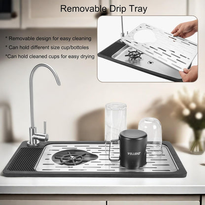 DIBTSA Pitcher Rinser, Stainless Steel Countertop Glass Rinser Cup Washer Sink with Side Spray,Drip Tray for Home Cafe Restaurant