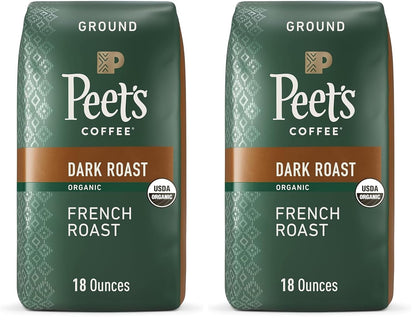 Peet's Coffee, USDA Organic Dark Roast Ground Coffee - French Roast 36 Ounces (2 Bags of 18 Ounces)