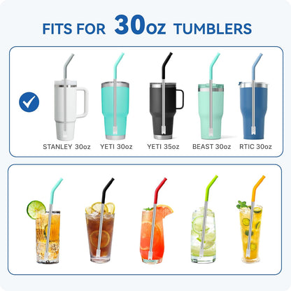 Reusable Metal Straws with Silicone Tip for Stanley 30oz,Stainless Steel Drinking Straws for 30oz Tumbler,3 Straight Tubes & 6 Tips& 1 Cleanr Brush (Black)