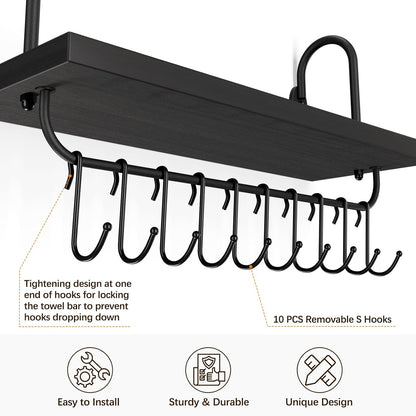 Olakee Floating Wall Shelves for Kitchen Bathroom Coffee Nook with 10 Adjustable Hooks for Mugs Cooking Utensils or Towel Rustic Storage Shelves Set of 2/17x5.9 inch (Black)
