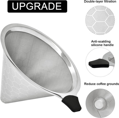 Pour Over Coffee Filter Compatible with Chemex & Hario V60 02 03, Reusable Stainless Steel Metal Cone Slow Drip Coffee Filter, 2-4 Cups Coffee Pour Over Dripper Filters