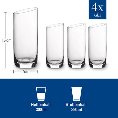 Villeroy & Boch New Moon Set, 4 Pieces, Elegant, Modern Sloping Long Drink, Crystal Glass, Transparent, Dishwasher Safe