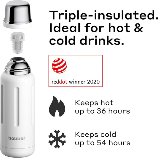 BOBBER 26 oz Stainless Steel Travel Thermos for Hot Drinks – Dishwasher Safe Metal Water Bottle with Cup Lid for Men, Hiking, Travel – Keeps Hot for 36 Hours – BPA-Free, Vacuum Insulated (Iced Water)