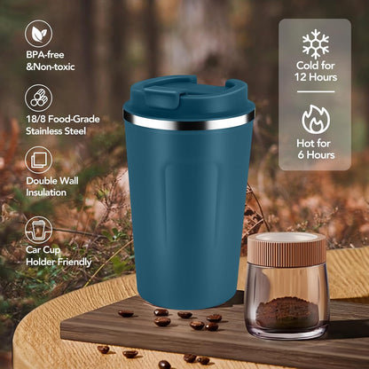 Volhoply 12 oz Double Wall Insulated Vacuum Travel Coffee Mug with Flip Lid Bulk 4 Pack,Reusable Stainless Steel Leak Proof Coffee Cups,Portable Cafe Thermal Tumbler for Hot & Cold Drinks(Bule,4 Set)