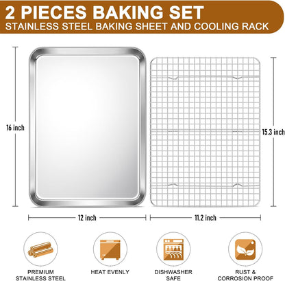 E-far Stainless Steel Baking Sheet with Wire Rack Set, 16” x 12” Cookie Sheet Baking Pan for Oven, Rimmed Large Metal Tray with Cooling Rack for Cooking Roasting, Non-Toxic & Dishwasher Safe