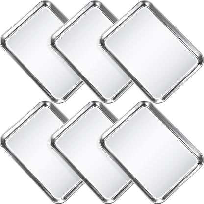 6 Pcs Baking Sheet Pan Set 9 x 6.7 x 1 inches Cookie Sheet Small Toaster Oven Pans Stainless Steel Tray Barbecue Grill Pan Rectangle Trays Oven, Non-stick, Easy Clean