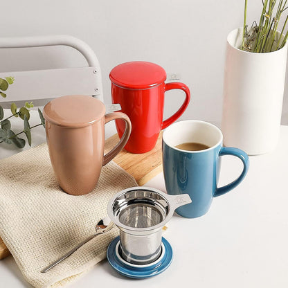Sweejar Porcelain Tea Infuser Mug with Lid, 16 oz Teacup with Strainers for Loose Leaf Tea, Microwave and Dishwasher Safe Coffee Mug(Fog blue)