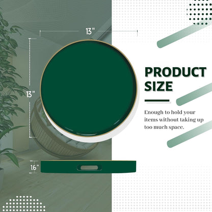 MAONAME Dark Green Decorative Tray, 13" Round Serving Tray with Handles, Plastic Trays for Coffee Table, Modern Ottoman Trays for Living Room, Bedroom