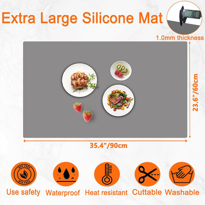 35.4''x23.6''(90cmx60cm) Extra Large Silicone Mat for Kitchen Counter, Heat Resistant Countertop Protector, Non-Slip Waterproof Kitchen Island Mat, Easy to Clean, Light Gray