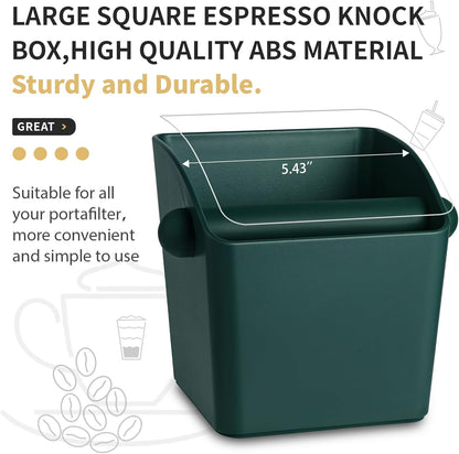 Large Square Knock Box Shock-absorbent Knock Box Espresso with Removable Knock Bar and Non-Slip Base Espresso Accessories for Home/Office (Large Green Knock Box with Tamper Mat)