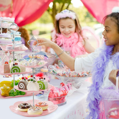 Cupcake Stand,2 Set of 3-Tier Dessert Plates Mini Cakes Fruit Candy Display Tower Cookie Tray Rack Candy Buffet Holder Plastic Cake Stand for Wedding Home Holiday Birthday Christmas Party Decor (Pink)