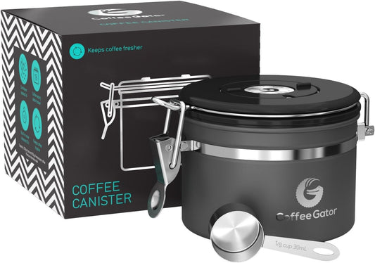 Coffee Gator Coffee Canister, 11oz Airtight Stainless Steel Kitchen Food Storage Container with Date-Tracker, CO2-Release Valve and Scoop for Beans, Grounds, Sugar, Cookies Jars, Tea, Cereal - Gray