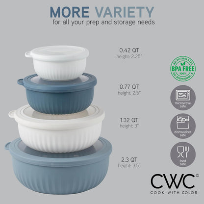 COOK WITH COLOR Prep Bowls with Lids- Wide and Deep Nesting Plastic Small Mixing Bowl Set with Lids, 8 Piece Set - Wide Bowls, Blue/Grey
