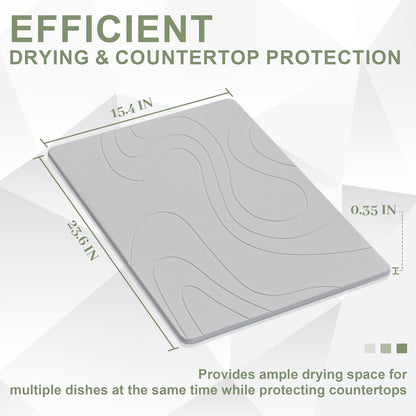 Large Stone Drying Mat for Kitchen Counter, 24" × 16" Diatomite Dish Drying Mat, Quick Dry Stone Mats, Ultra Absorbent Natural Diatomaceous Earth Mats for Dished, Bottles, Light Grey