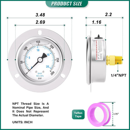 0-300PSI Panel Mount Front Flanged Glycerin Filled Pressure Gauge, 2.5" Dial Size, 1/4" MNPT Back Mount, Stainless Steel Case, with Phillips Screw and Nut, for Water, Gas, Liquid Pressure