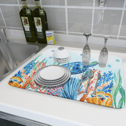 Giwawa Sea Turtle Dish Drying Mat 18x24in Watercolor Blue Tortoise Dish Drainer Mats Nautical Ocean Coral Seashell Seaweed Microfiber Dish Drying Pad for Kitchen Countertop Large Decor