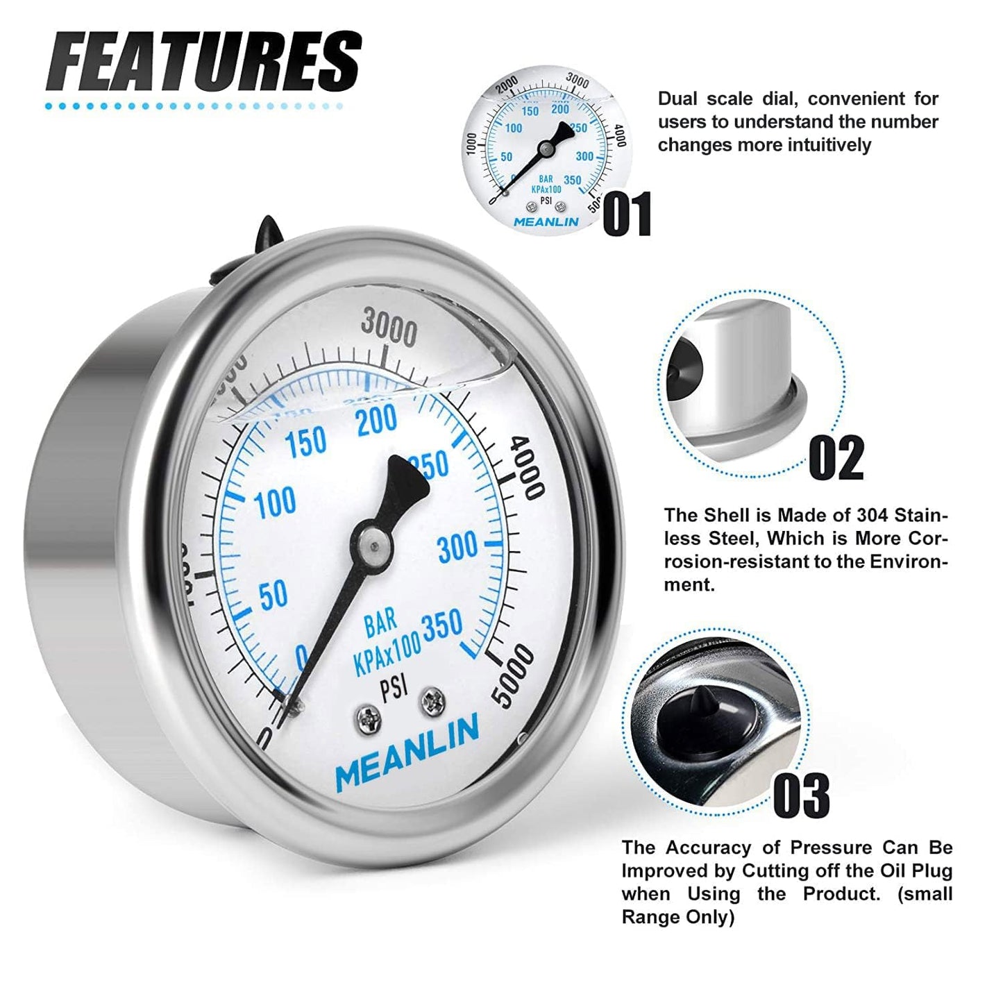 MEANLIN MEASURE 0~5000Psi Stainless Steel 1/4" NPT 2.5" FACE DIAL Liquid Filled Pressure Gauge WOG Water Oil Air Center Back Mount(Pack of 2