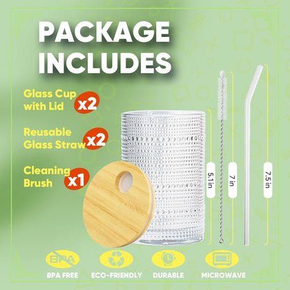 15 Oz Glass Cups with Lids and Straws, Vintage Embossed Glassware for Whiskey Cocktail Beer, Iced Coffee Cup with Lid (2 PACK)
