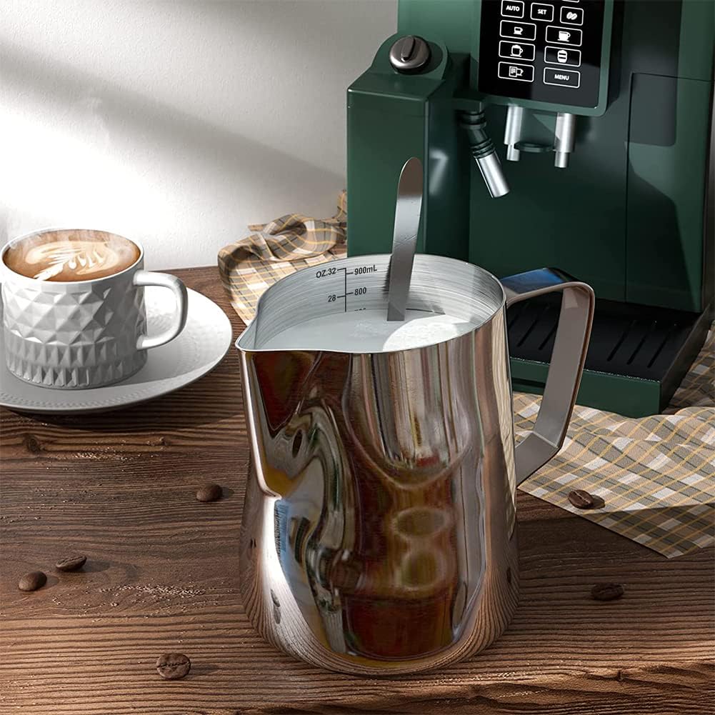 Milk Frothing Pitcher Cup, 32oz/900ML Milk Frother Cup Stainless Steel Steaming Pitcher Milk Jug Coffee Latte Art Cappuccino Espresso Machine Accessories Barista Steam Pitchers Attached Dessert Spoons