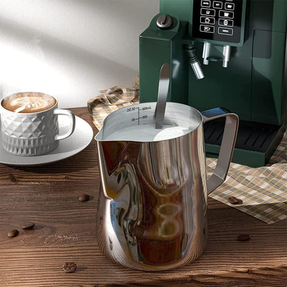Milk Frothing Pitcher Cup, 32oz/900ML Milk Frother Cup Stainless Steel Steaming Pitcher Milk Jug Coffee Latte Art Cappuccino Espresso Machine Accessories Barista Steam Pitchers Attached Dessert Spoons