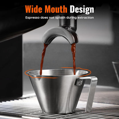 YARRAMATE 2 Pcs Espresso Cups with Handle, Stainless Steel Espresso Accessories, Double Spout Metal Measuring Cup with Dual Scale, Espresso Shot cup with V-Shaped Mouth, 3.4OZ/100ML(Silver)