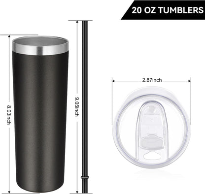 VEGOND Stainless Steel Tumblers Bulk 8 Pack, 20 oz Vacuum Insulated Skinny Tumblers with Lid and Straw, Double Wall Coffee Mug, Travel Water Cup, Black