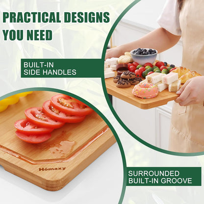 Homaxy Organic Bamboo Cutting Boards for Kitchen, 15"x10" Wooden Medium Cutting Board with Juice Groove and Handles, Charcuterie Butcher Block Wood Serving & Chopping Board - Pre Oiled