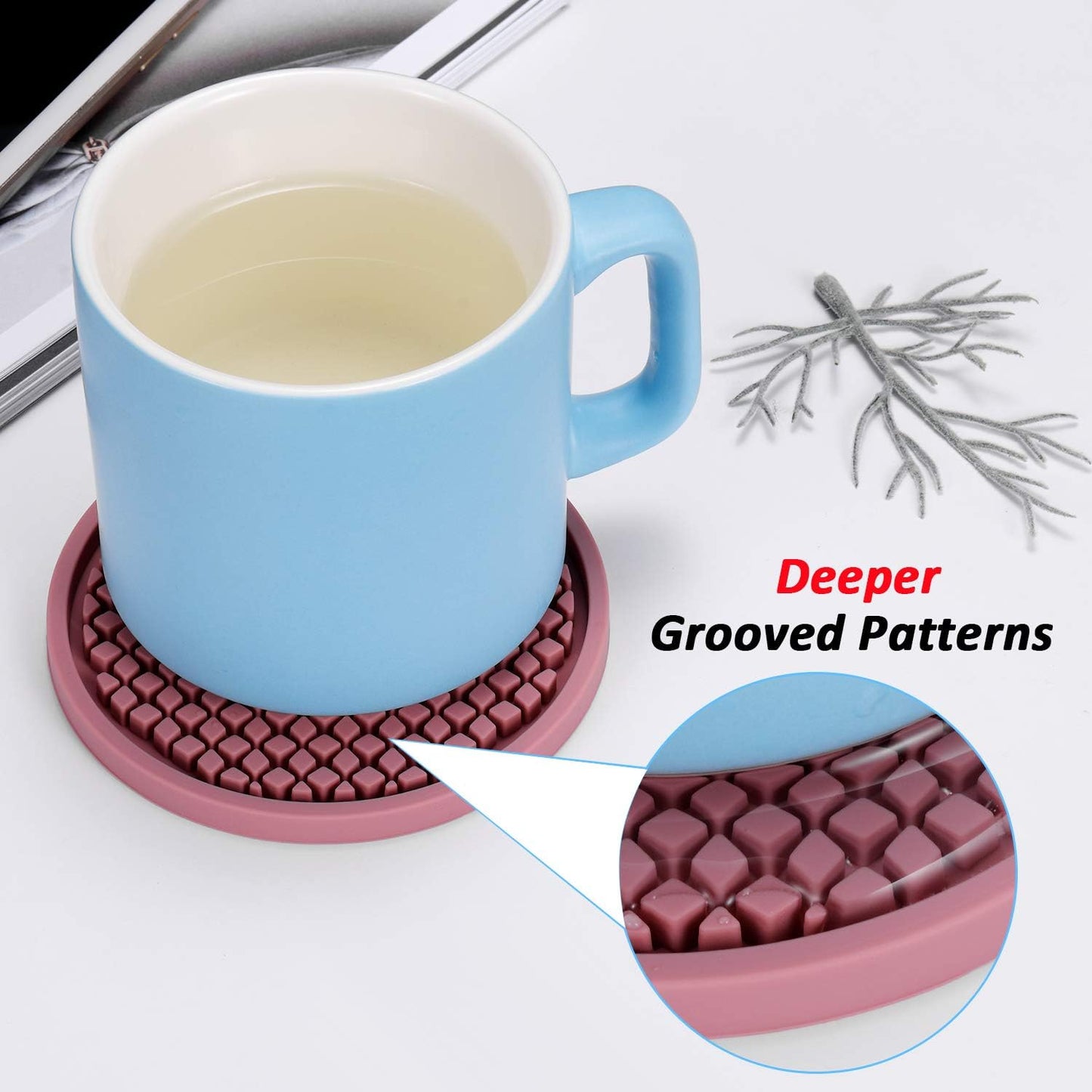 ME.FAN Silicone Coasters [6 Pack] Thickened Drink Coasters with Holder - Cup Mat - Non-Slip, Non-stick, Stay Put, Deep Tray - Prevents Furniture and Tabletop Damages(Green)
