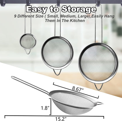 Anaeat Fine Mesh Strainers - Premium Stainless Steel Colander Sieve Sifters, with Durable Mesh and Sturdy Handle, Excellent for Sifting Dry ingredients, Flour, Pastas, Rice, Tea (8.67"）
