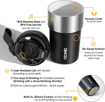 Insulated Travel Coffee Tumbler Mug - Ceramic Inner Wall Reusable Iced Coffee Cups Bottle with Lids, Stainless Steel Insulated Cold Brew Water Tumbler with Straw, BPA Free 16 Oz Water Bottle