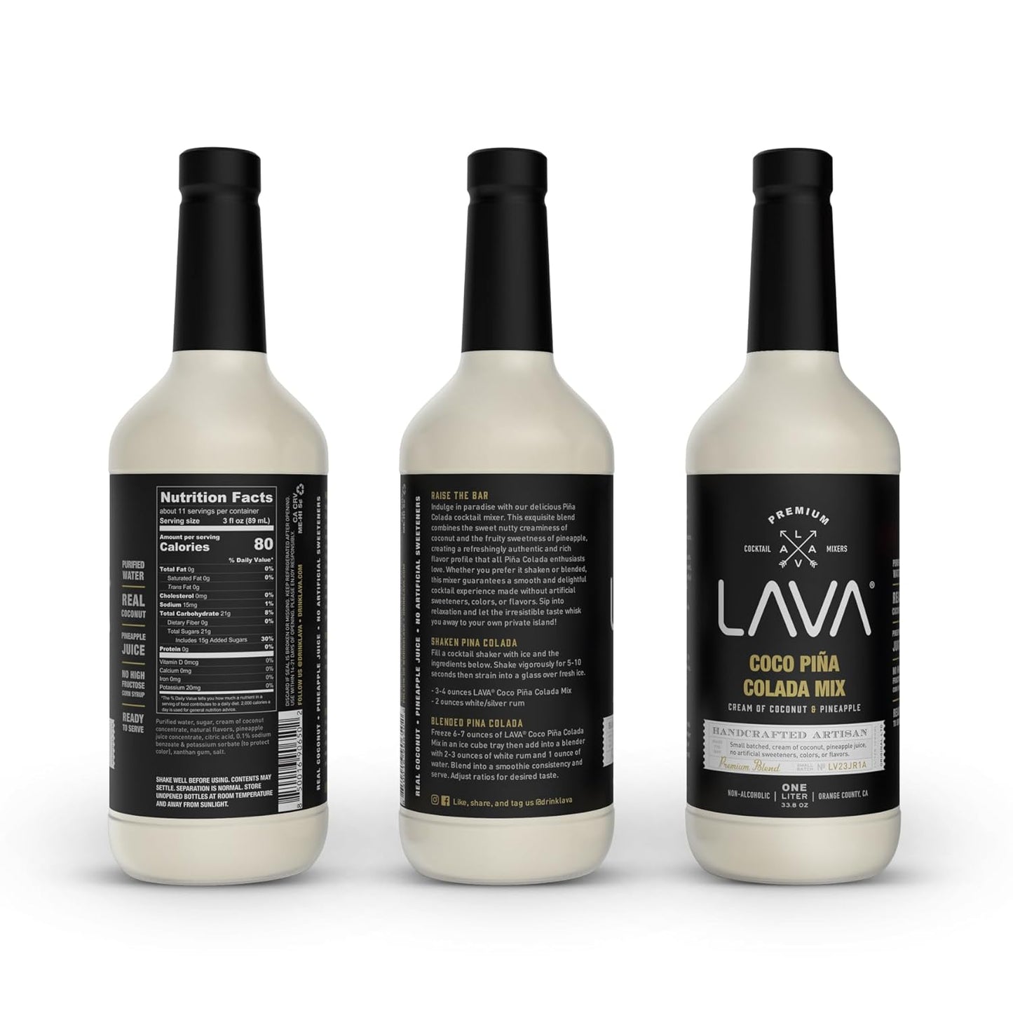 (3 Pack) LAVA Premium Coco Pina Colada Made with Cream of Coconut and Real Pineapple, No Artificial Sweeteners or Flavors, 1-Liter (33.8oz) Glass Bottle.
