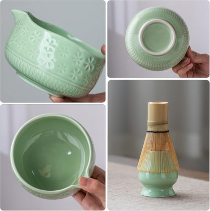 Matcha Whisk Set, Ceramic Matcha Set Includes Matcha Bowl, Matcha Whisk and Holder, Bamboo Scoop, Scoop Rest, Sifter and Tea Towel - 7 Pcs Matcha Kit for Matcha Lovers (Green)