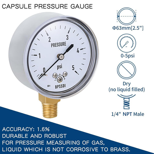 0-5 Psi Low Pressure Gauge, Capsule Gauge with 304 Stainless Steel Case, 2.5" Dial Size, 1/4" NPT Lower Mount, Zero Adjustment, for Air Water Gas Pressure Test