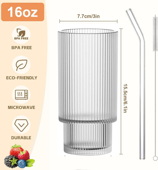 16OZ Ribbed Glass Cups with Lids and Straws,Iced Coffee Cups with Bamboo Lid,Vintage Glassware for Whiskey Cocktail Beer Fruit Juice Glasses Tumbler(6 Pack)