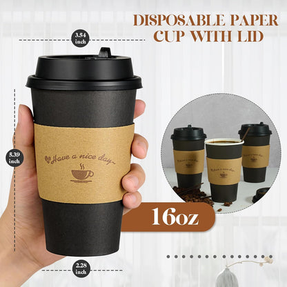 LITOPAK 100 Pack 16 oz Paper Coffee Cups with Lids, Black Disposable Coffee Cups with Lids, Sleeves and Stirring Sticks, for Parties, Picnic, Travel, and Events