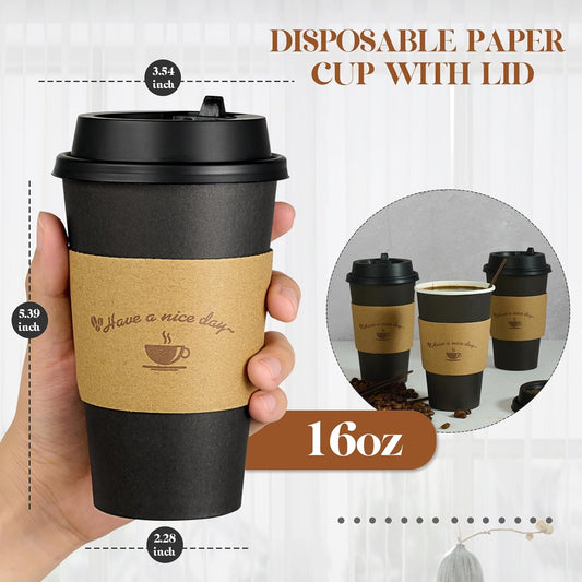 LITOPAK 100 Pack 16 oz Paper Coffee Cups with Lids, Black Disposable Coffee Cups with Lids, Sleeves and Stirring Sticks, for Parties, Picnic, Travel, and Events