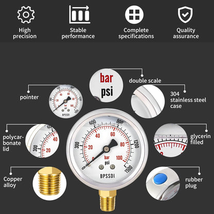 0-1500 Psi Glycerin Liquid Filled Hydraulic Pressure Gauge, 2.5" Dial Size, 1/4" NPT Lower Mount, 304 Stainless Steel Case, for Water Oil Air Gas Pressure Test