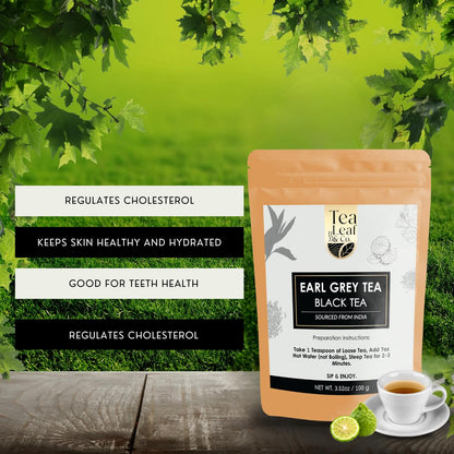 Tealeaf & Co. Earl Grey Black Tea Blended with Bergamot Extract (Loose Leaf Form) - Premium Sweet & Sour Flavored Tea - Contains Low Caffeine - Upto 50 Servings (3.52oz/100gm)