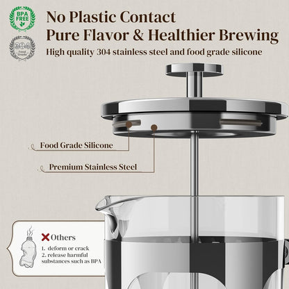Veken French Press Coffee Maker 34oz 1 L, No Plastic Touching Cafe, Heat Resistant Thickened Borosilicate Glass, Stainless Steel Brewer, Cold Brew Cafetera Teapot for Kitchen Travel Camping, Silver