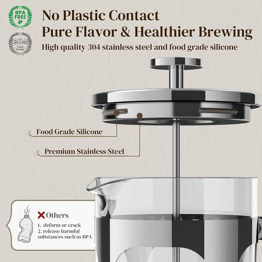 Veken French Press Coffee Maker 34oz 1 L, No Plastic Touching Cafe, Heat Resistant Thickened Borosilicate Glass, Stainless Steel Brewer, Cold Brew Cafetera Teapot for Kitchen Travel Camping, Silver