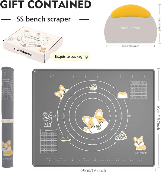 Ourokhome Silicone Baking Mat Sheet and Pastry Dough Cutter, 0.5 Inch Thick 20'' X 16" BPA free Silicone Rolling Mat, Non-Stick and Anti-Slip, Dishwasher Safe (Gray)