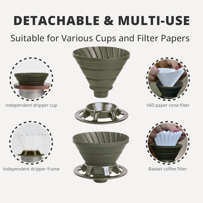 Collapsible Coffee Dripper, Silicone Reusable Coffee Filter Holder, Pour Over Coffee Dripper for Camping, Business Trip, Single Pour Over Coffee Maker (Green)
