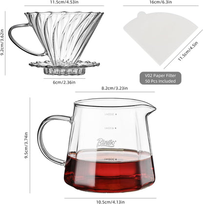 Bincoo Pour Over Coffee Maker Set, 16oz Drip Coffee Maker, Included Borosilicate Glass Coffee Carafer and Coffee Dripper & Size 02 50 Pcs Paper Filter (16oz-Clear)