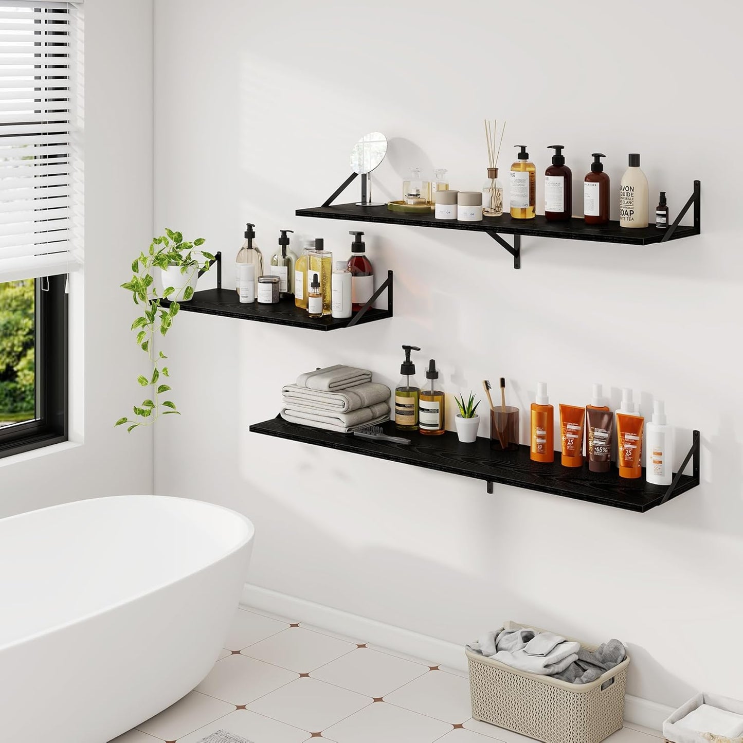 Dreamland Floating Shelves for Wall, 12 Inch Deep Floating Shelves Set of 2, 30W x 12D Large Wall Shelf with Sturdy Metal Brackets for Living Room, Bathroom, Bedroom and Kitchen, Black