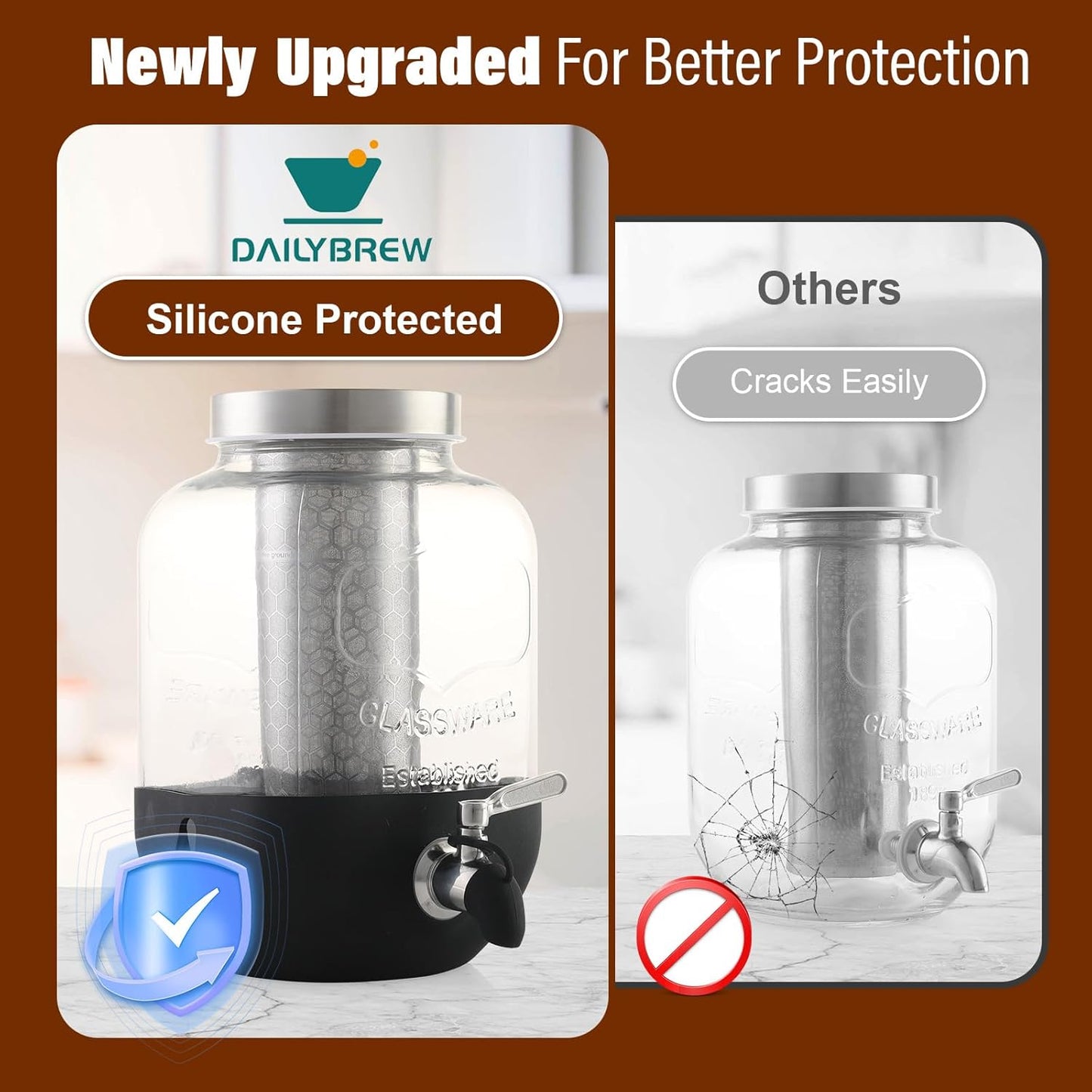 Cold Brew Coffee Maker, 1 Gallon Iced Coffee Maker With Stainless Steel Filter, Heavy Duty Glass Cold Brew Pitcher With Stainless Steel Spigot, Mason Jar Cold Brew Coffee Maker Fast Iced Tea Maker