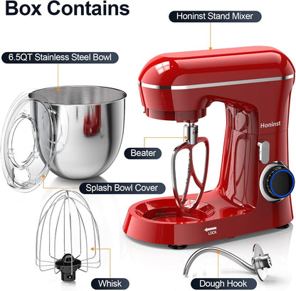 Stand Mixer, 6.5QT 10-Speed Tilt-Head Electric Stand Mixer, 3-In-1 Kitchen Mixer with Bowl, Dough Hook, Whisk and Beater, Food Mixer for Baking, Cake and Most Home Cooks, Red